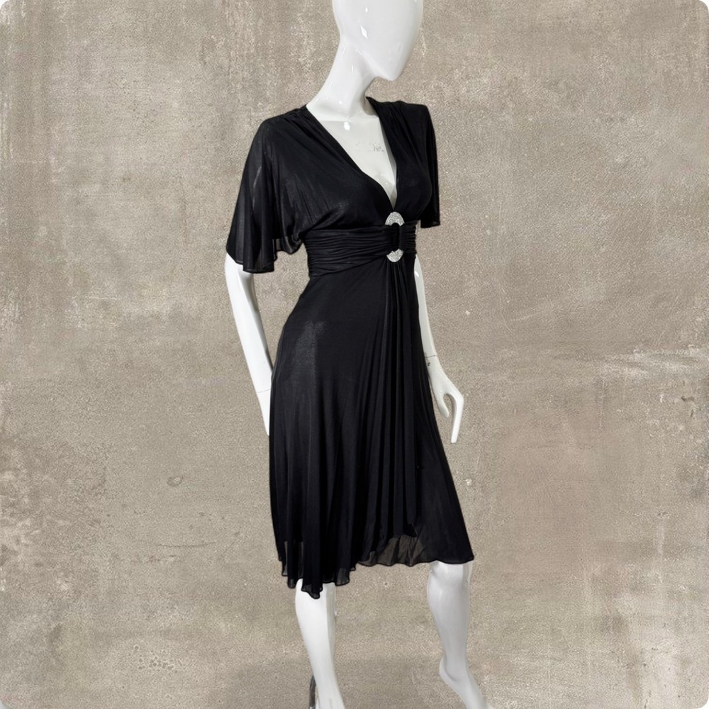 Y2K Niteline Black Draped Cocktail Dress Rhinestone Buckle Flutter Sleeve Size 4